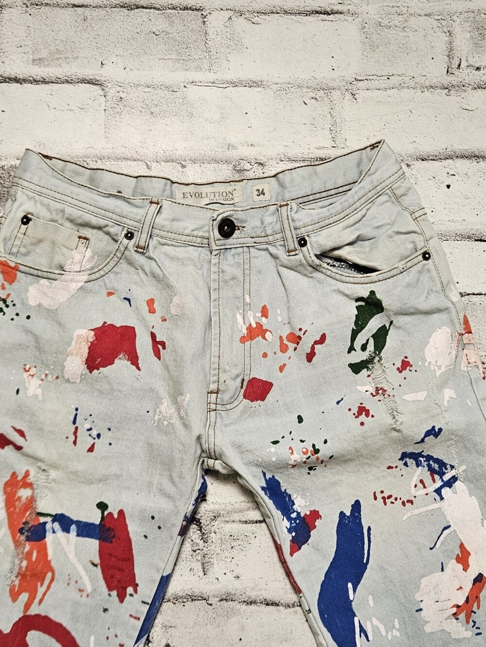 Paint Splatter Graphic Jeans Streetwear Slim Fit Denim Pants 34 - Picture 4 of 9
